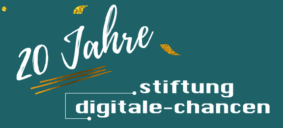 Teaserbild Jubiläum: Weiße Schrift "20 Jahre Stiftung Digitale Chancen" auf türkisem Hintergrund mit goldenem Konfetti